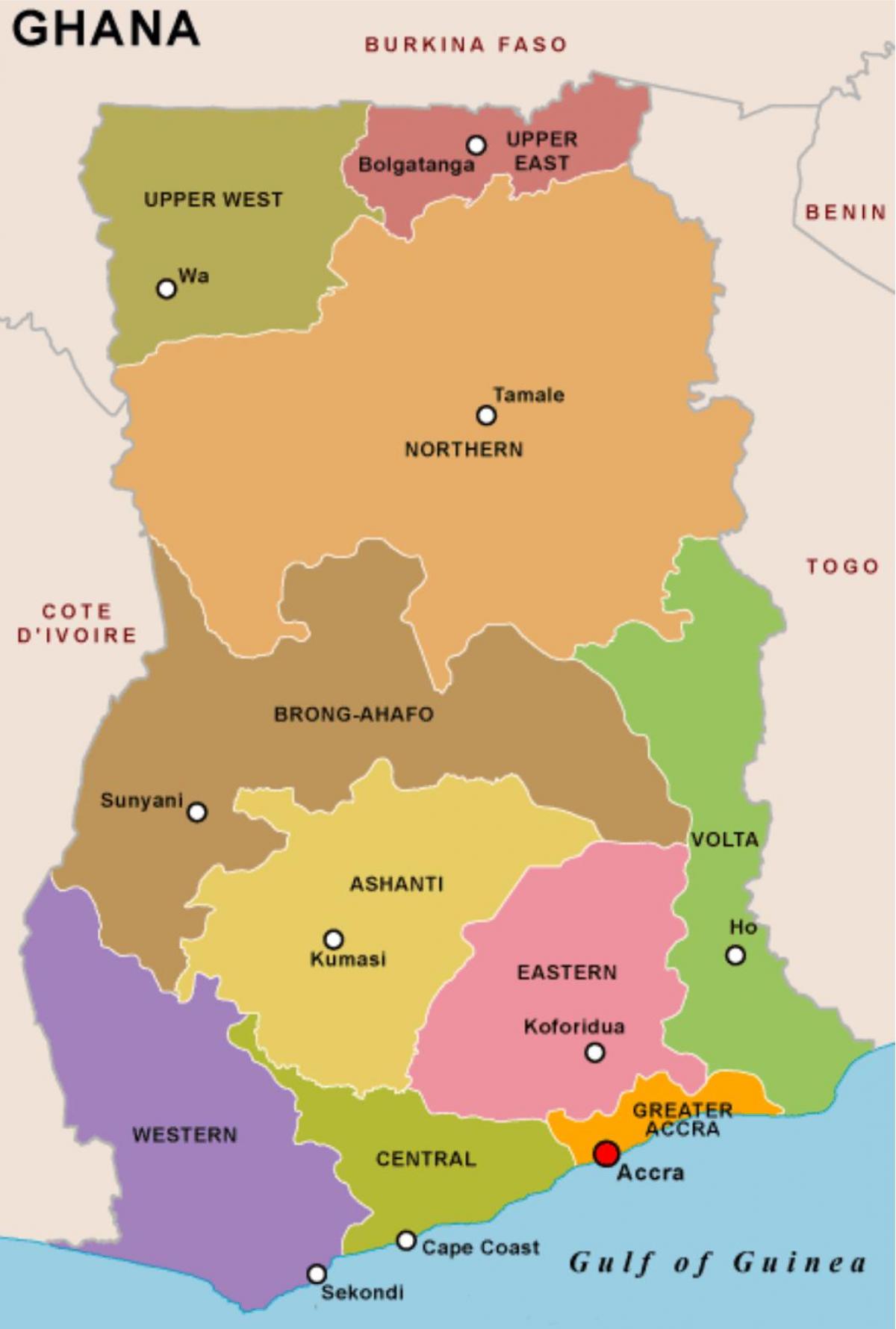 ghána térkép, régiók
